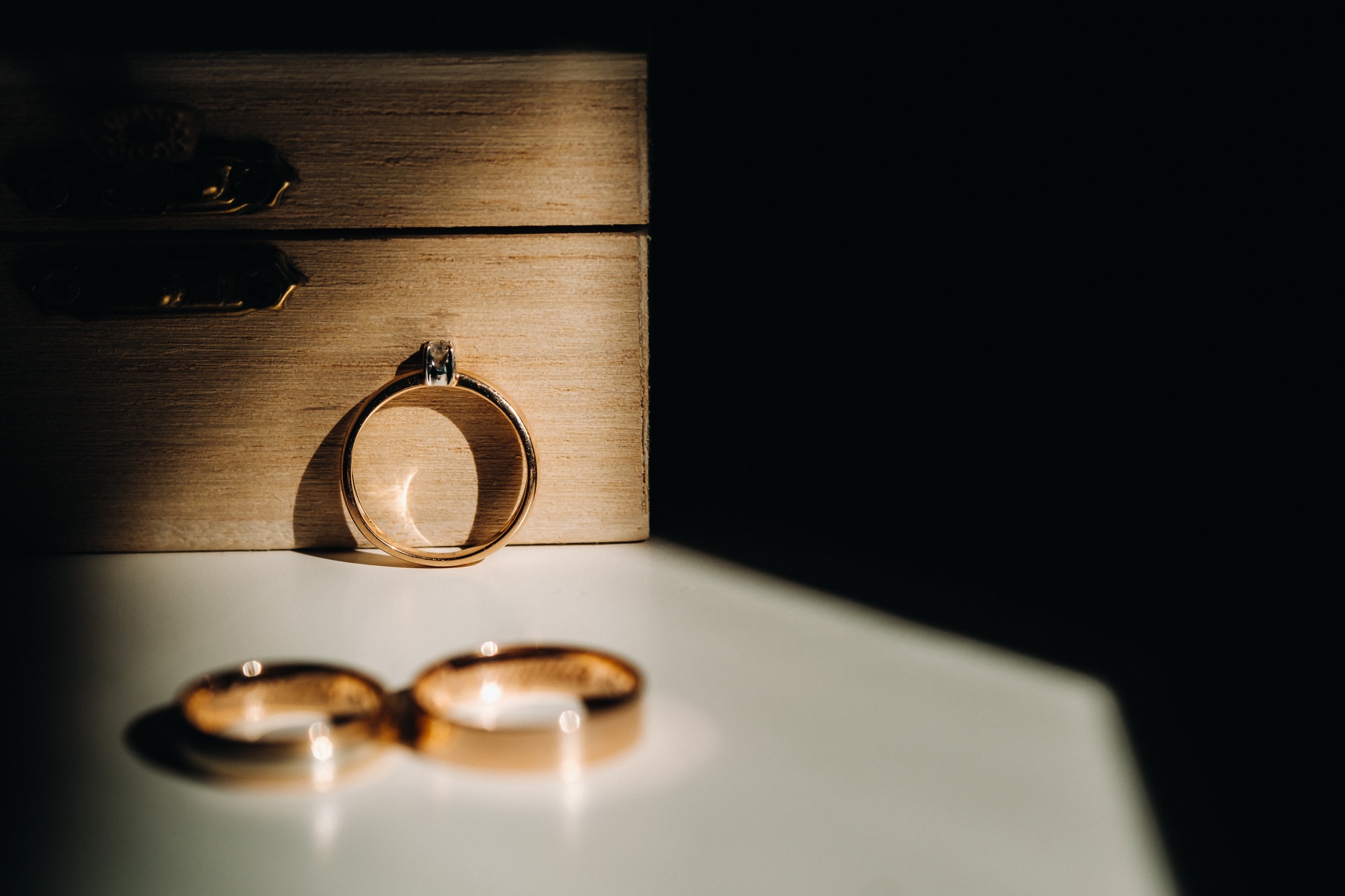 Close-up of two gold wedding rings for a wedding